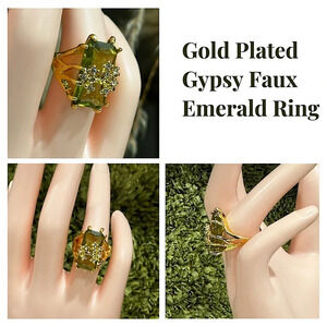 NIB-Gold Plated Gypsy Faux Emerald Ring